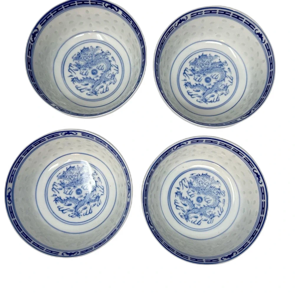 Vintage Chinese Rice Grain Porcelain Dragon Bowls Blue White Jingdezhen Set 4